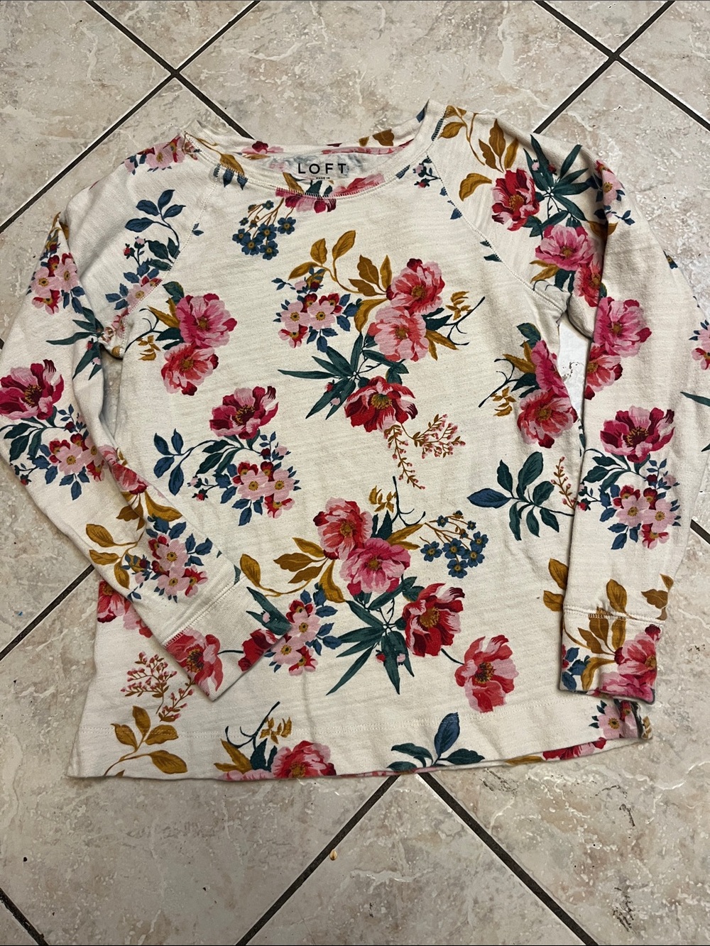 LOFT Cream Floral Pullover XS